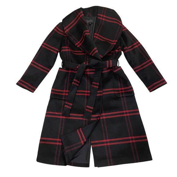 Ann Taylor Wool Blend Plaid Long Coat | Double Breasted Black Gray Red NWOT $300 - Picture 2 of 14
